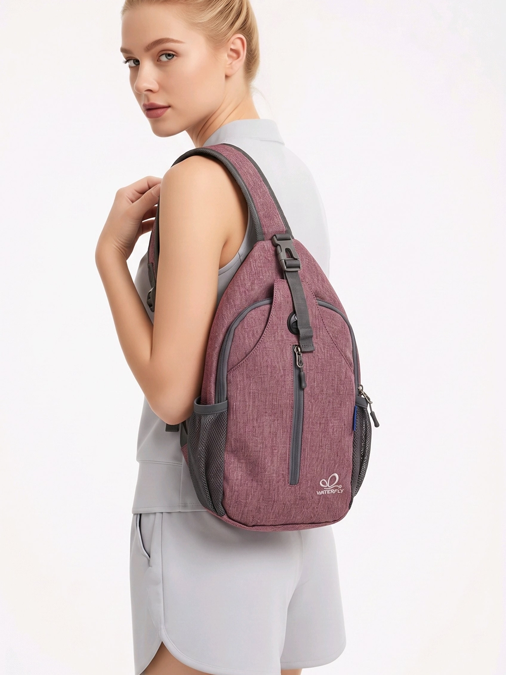 Waterfly Crossbody Sling Backpack Heather Purple Grey Hiking Travel Bag